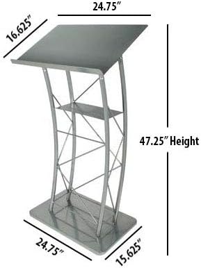 Kingdom KML2S Large Curved Lectern with Shelf, Stand Up Church Pulpit, Slanted Lectern, Conference Podium for Speakers, Speeches, and Other Occasions- Truss Lectern, Silver Powder Coat Finish, Metal