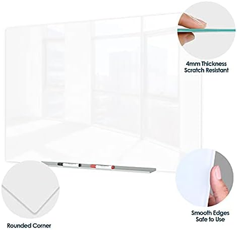 J&J worldwide Glass Whiteboard, Magnetic Brilliance White Glass Dry Erase Board 4' x 3' Imperforated, Frameless, Includes Markers, Magnets, Aluminum Marker Tray, Eraser for Wall, Office, Home