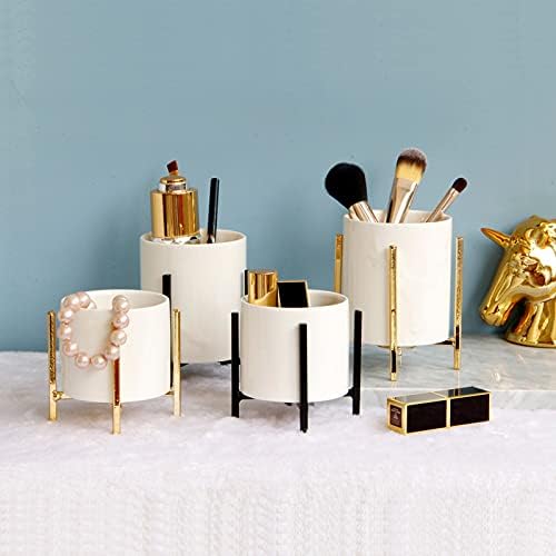 Black Pencil Cup Sturdy Metal Frame with White Ceramic Pen Holder For Desks and Kitchen Appliance holders