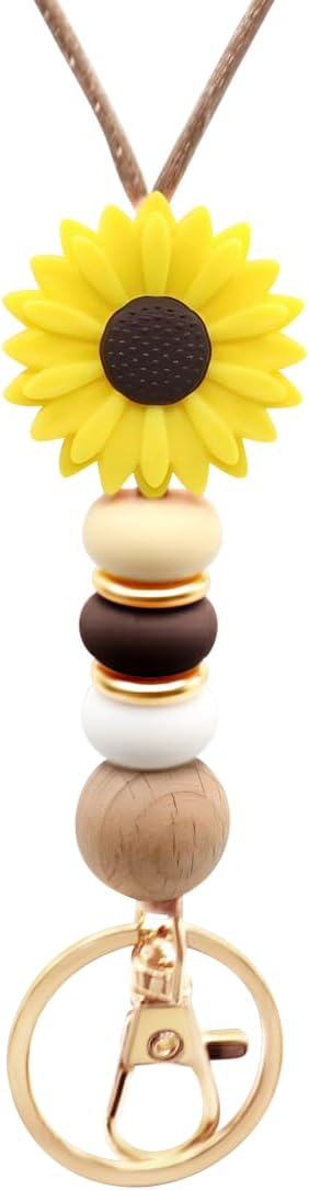 Flower Teacher Lanyards ID Badge and Key Chain, Cute Silicone Beads Lanyard for Women Nurse Work Student (Sunflower)