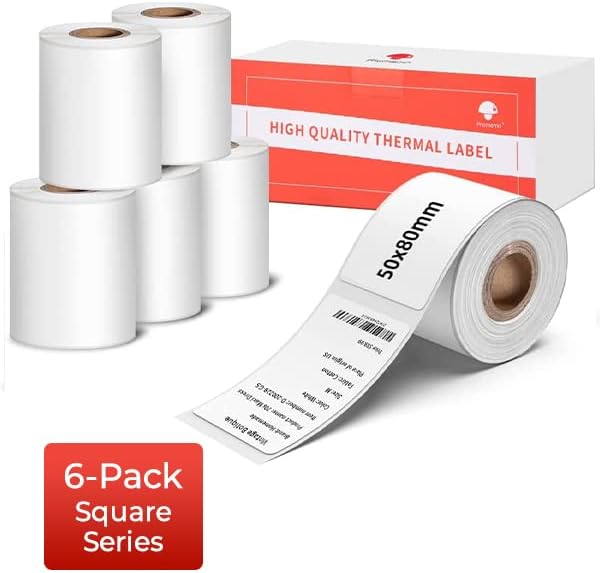 Phomemo [6x100 pcs]Original Labels for M110 M220 M221 M120 M200, 1.97''x3.15'' (50x80mm), 6 Rolls, 100 Label/Roll, Square, White,Self-Adhesive Thermal, for Clothing, Ingredient, Logo, Barcode, Address