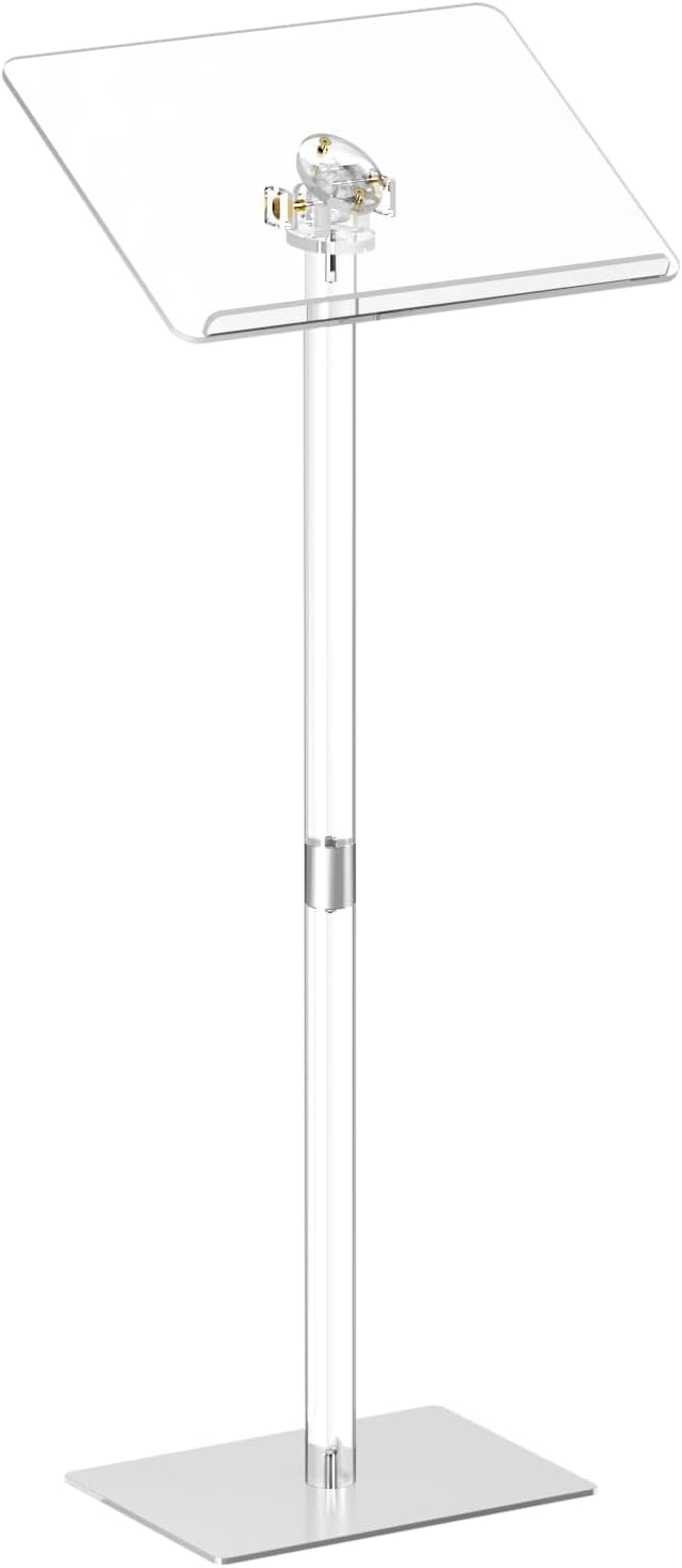 HMYHUM Small Acrylic Podium Stand, Angle Adjustable, 17.7" L x 13" W x 42.3" H, Modern Lecterns & Pulpits for Classroom, Concert, Church, Speech, Easy Assembly, Metal Base, Clear