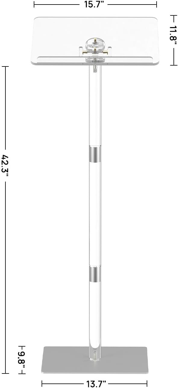 HMYHUM Small Acrylic Podium Stand, Angle Adjustable, 15.7" L x 11.8" W x 42.3" H, Modern Lecterns & Pulpits for Classroom, Concert, Church, Speech, Easy Assembly, Metal Base, Clear