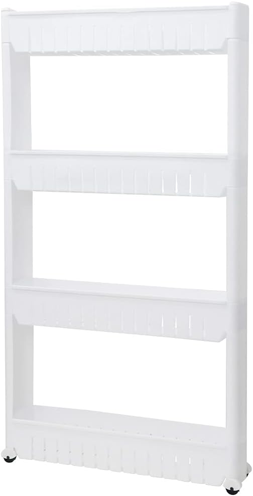 Slim Rolling Storage Cart 4 Tier, Small Plastic Kitchen Laundry Room Cart, Mobile Storage Organizer Shelves, Utility Cart Tower Rack for Bathroom Bedroom (White)