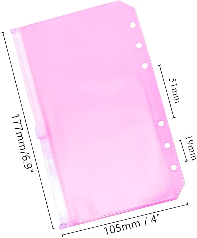 Pink PVC Binder Pockets 12pcs A6 Binders Zipper Pouch Bag Loose Leaf 6 Holes PVC Zip Organizer Folder for Journal Budget Filing Pocket Bags
