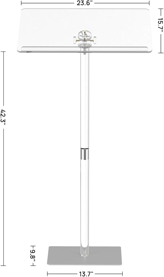 HMYHUM Acrylic Podium Stand, Angle Adjustable, Modern Lecterns & Pulpits for Classroom, Concert, Church, Speech, Easy Assembly, Metal Base, 23.6" L x 15.7" W x 42.3" H, Clear