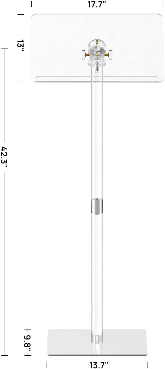 HMYHUM Small Acrylic Podium Stand, Angle Adjustable, 17.7" L x 13" W x 42.3" H, Modern Lecterns & Pulpits for Classroom, Concert, Church, Speech, Easy Assembly, Metal Base, Clear