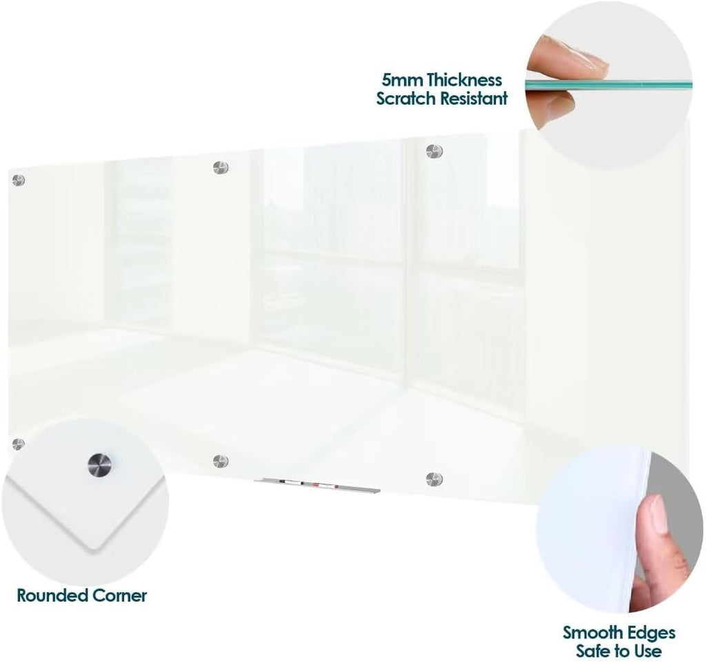 J&J worldwide Glass Dry Erase Board 8' x 4', Glass Whiteboard Magnetic, Large Frameless Glass White Boards for Walls, Includes Magnets, Marker Tray, Eraser for Office, Home, School