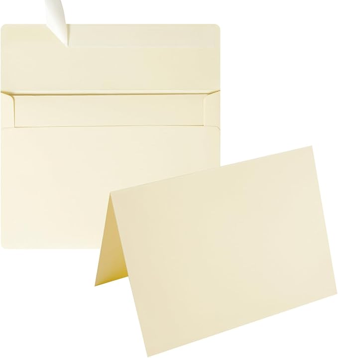 Wishop 50 Pack Self-Adhesive Envelopes with Fold Cards for Wedding Invitations, Greeting Cards, Baby Shower, Letter Mailing (Cream Color, 5x7)