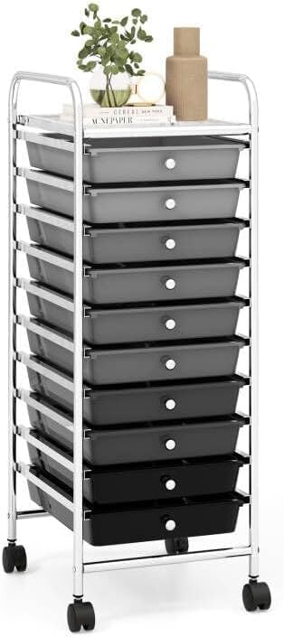 Storage Cart, Rolling Utility Cart with 10 Drawers, Portable Handles & Lockable Wheels, Mobile Paper Toys Storage Organizer Large Capacity for Home Office School Teacher (Gradient Black)