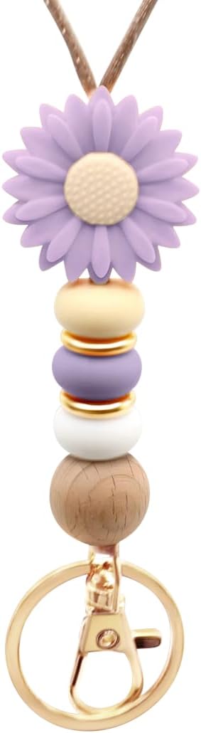 Flower Teacher Lanyards ID Badge and Key Chain, Cute Silicone Beads Lanyard for Women Nurse Work Student (Lavender)