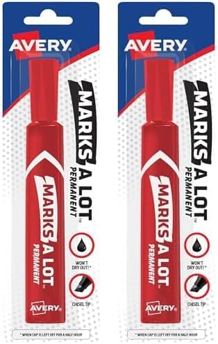 AVERY Marks-A-Lot Permanent Markers, Regular Desk-Style Size, Chisel Tip, Water and Wear Resistant, 1 Red Marker (17887) (Pack of 2)