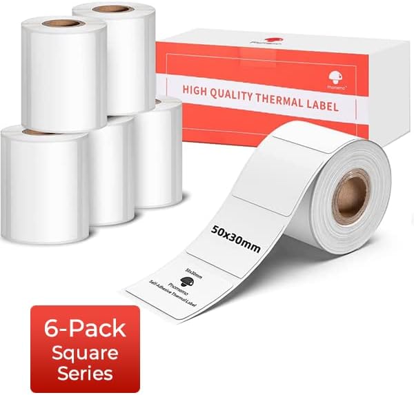 Phomemo [6x230 pcs] Original Labels for M110 M100 M220 M221 M120 M200, 1.97'' x 1.18'' (50x30mm),6 Rolls, 230 Labels/Roll, Square, White, All-Purpose Self-Adhesive Thermal, for Barcode, Name, Address