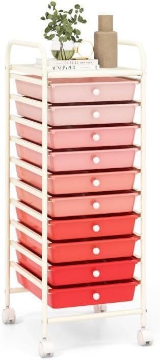 Storage Cart, Rolling Utility Cart with 10 Drawers, Portable Handles & Lockable Wheels, Mobile Paper Toys Storage Organizer Large Capacity for Home Office School Teacher (Gradient Pink)