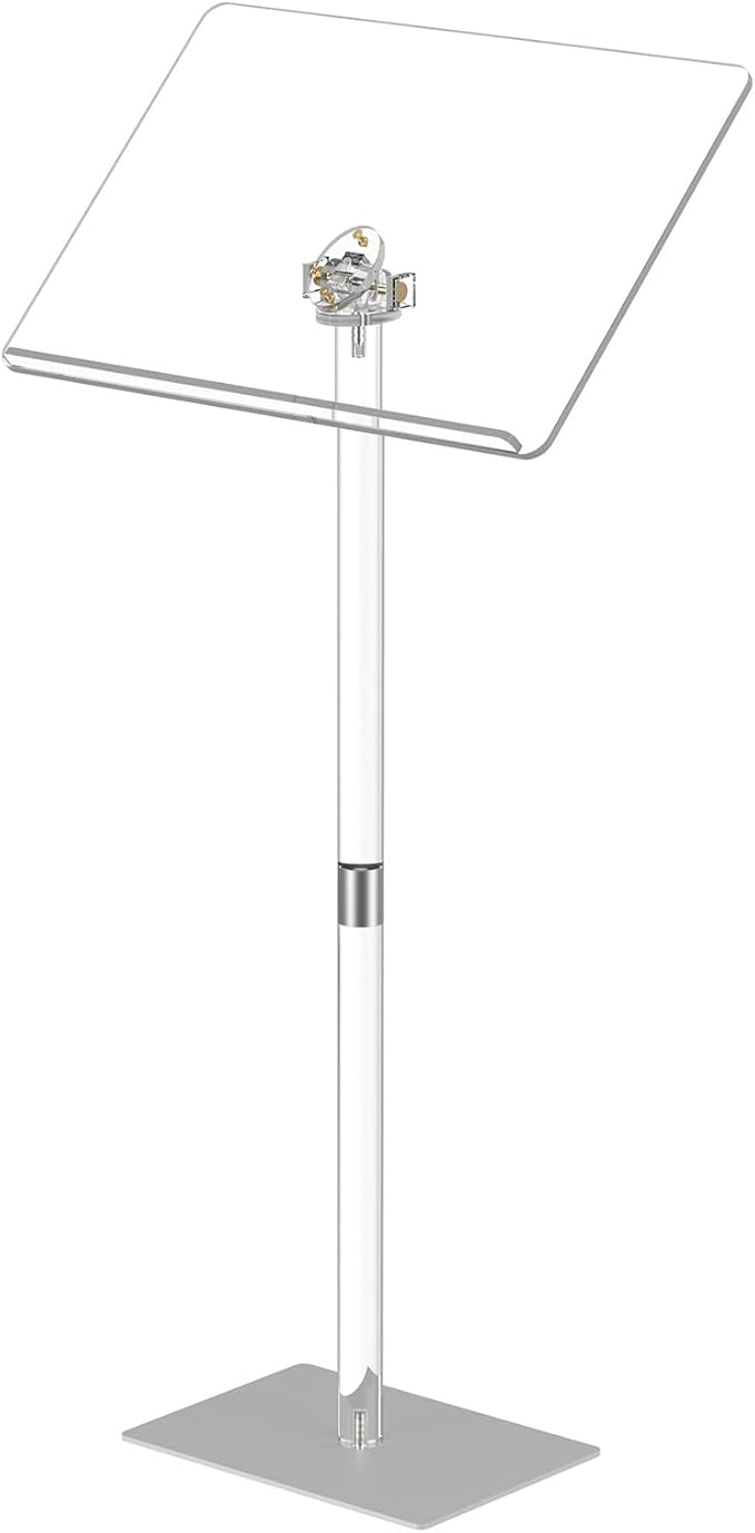 HMYHUM Acrylic Podium Stand, Angle Adjustable, Modern Lecterns & Pulpits for Classroom, Concert, Church, Speech, Easy Assembly, Metal Base, 23.6" L x 15.7" W x 42.3" H, Clear