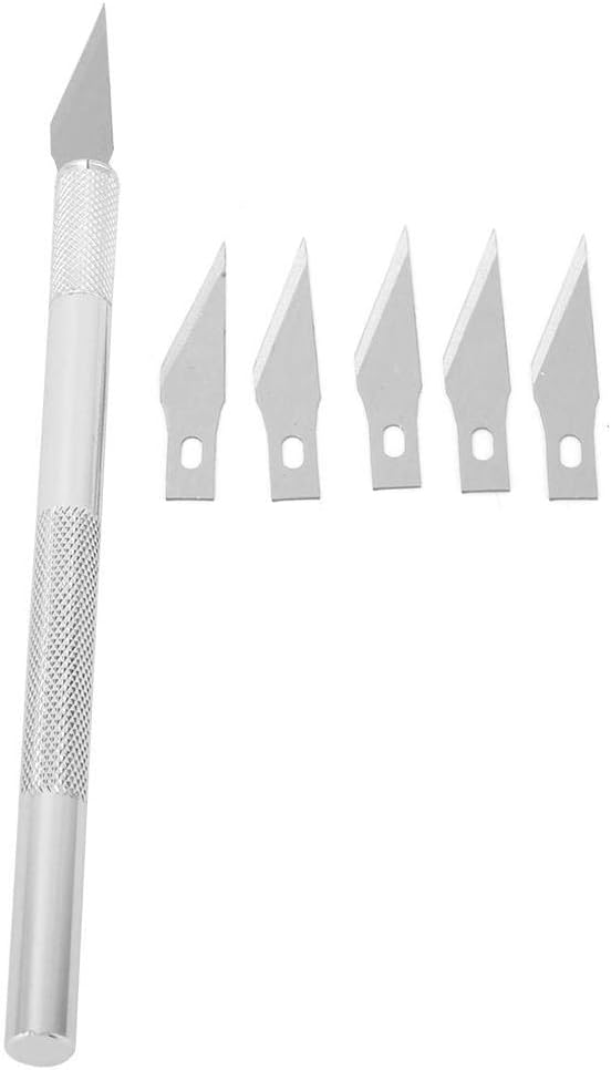 Art Knife, Carving Knife, Nonslip Stainless Steel Precision Knife Hobby Knife Wood Carving Artwork Craft Knife with 5 Spare Blades for Phone Repair, Art, Hobby, Scrapbooking, Stencil (Silver)