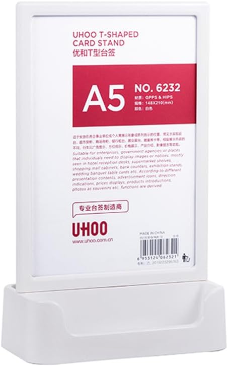 ABS Plastic Sign Holder, Menu Displays T Shape Sign Stand with Business Card Holder, Plastic Display Stand for Ads, Menu, Photos, Business Card (White A5 148×210mm//5.83×8.27 inches)