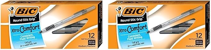 BIC Round Stic Grip Xtra-Comfort Medium Ball Point Pen, Black, 24 Pack
