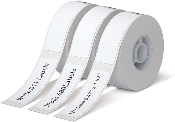 NIIMBOT D11 Label Maker Tape Adhesive White Label Paper 0.47" X 1.57" (12 X 40mm) 160 Labels/Roll, Compatible for NIIMBOT D11 D110 Label Printer, Thermal Paper Black on White, 3-Roll