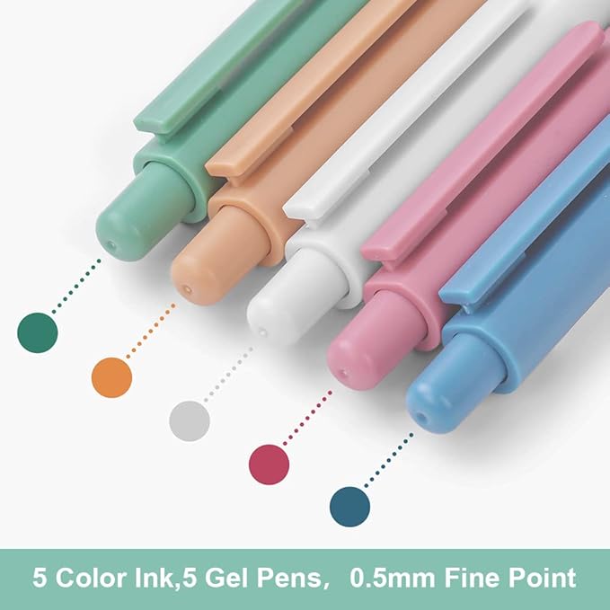 AUAUY Colored Retractable Gel Pens, 5PCS Cute Retractable Quick Dry Gel Ink Pen, Cute Pens 0.5mm Medium Point Quick Drying for Writing Drawing Journaling Note Taking School Office Home