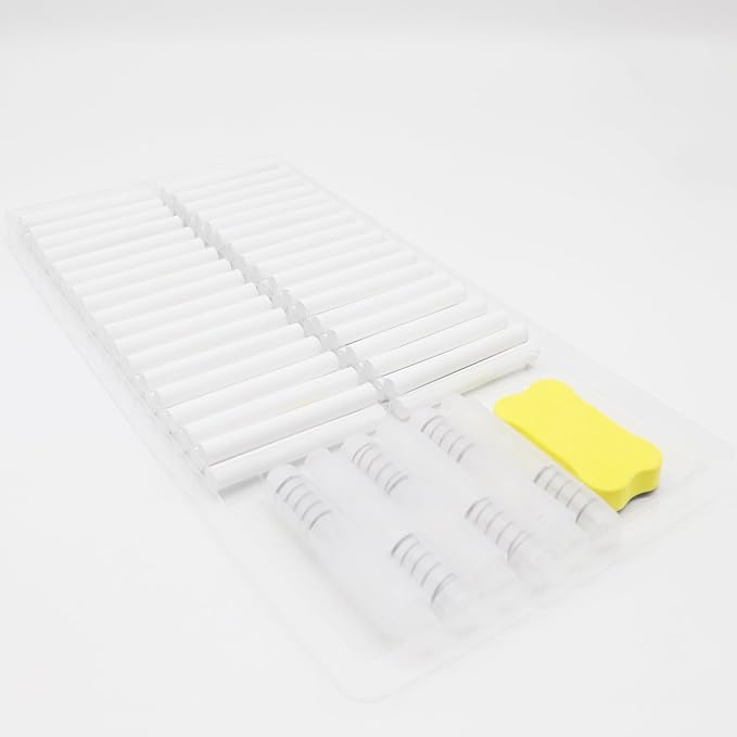 70PCS White Dustless Chalk with 6 Holders & Eraser – Non-Toxic Bulk Chalk Set for Blackboards, Perfect for School, Office, and Home Use.