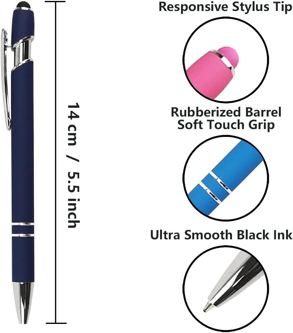 Ballpoint Pen with Stylus Tip, Soft Touch Click Metal Pen, 1.0mm Medium Point, Black Ink, 18 Count(6 Colors)