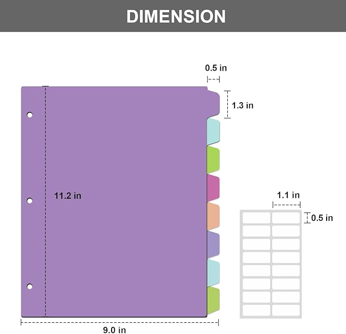 HABGP 24Pcs/3 Set Binder Dividers with Tabs, 8 Color Tab for 3 Ring Binder Dividers, Page Folder Dividers for 3 Ring Binder Sheet Paper Protectors, Plastic Tabbed File Dividers with Tabs