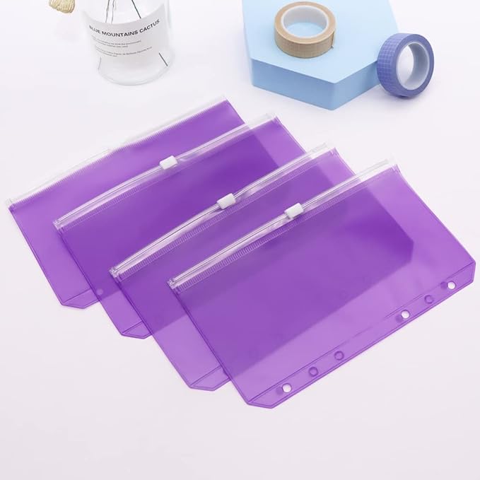 Purple PVC Binder Pockets 12pcs A6 Binders Zipper Pouch Bag Loose Leaf 6 Holes PVC Zip Organizer Folder for Journal Budget Filing Pocket Bags