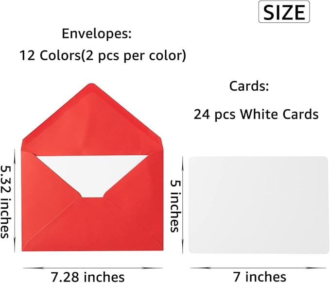 A7 Colorful Envelopes and Blank Cards 24 Pieces A7 Envelopes and 24 Pieces 5x7 Colorful Flat Cards for Weddings, Invitations, Birthday, Baby Shower (White)