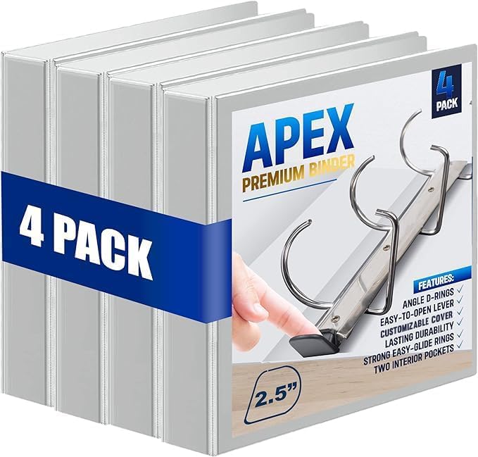 4 Pack of 2.5” Smooth Opening Angle D-Ring View White Binders, Professional Presentation Folder for Standard Pages with Inside Pockets, and Customizable Clear View Binder PVC-Free