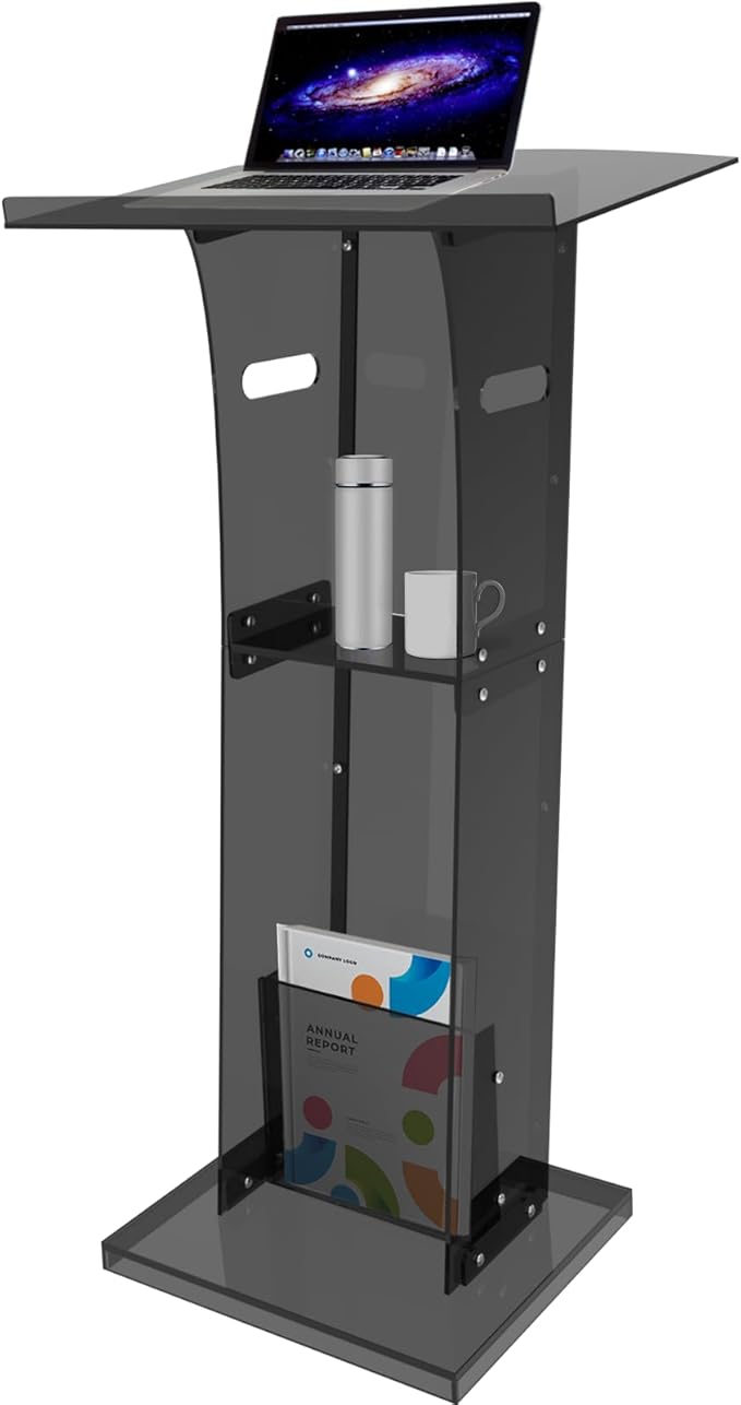 Acrylic Podium Stand with Storage Shelf,Segmented Black Lecterns & Podiums,Pulpits for Churches、Conference、Speeches、Weddings、Classroom、Concert,43" H Professional Presentation Podiums