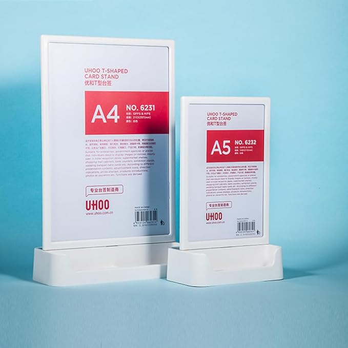 ABS Plastic Sign Holder, Menu Displays T Shape Sign Stand with Business Card Holder, Plastic Display Stand for Ads, Menu, Photos, Business Card (White A4 210×297mm/8.27×11.69 inches)