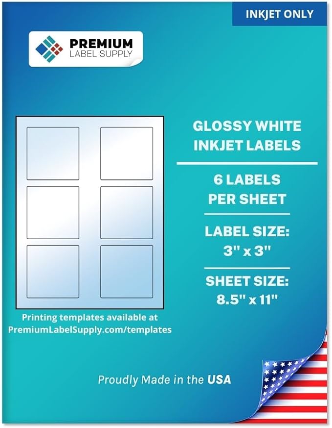 Premium Label Supply Glossy White Square Sticker Labels – 3" x 3" – (6 per Sheet) (Glossy White for Inkjet Only, 3,000 Labels)