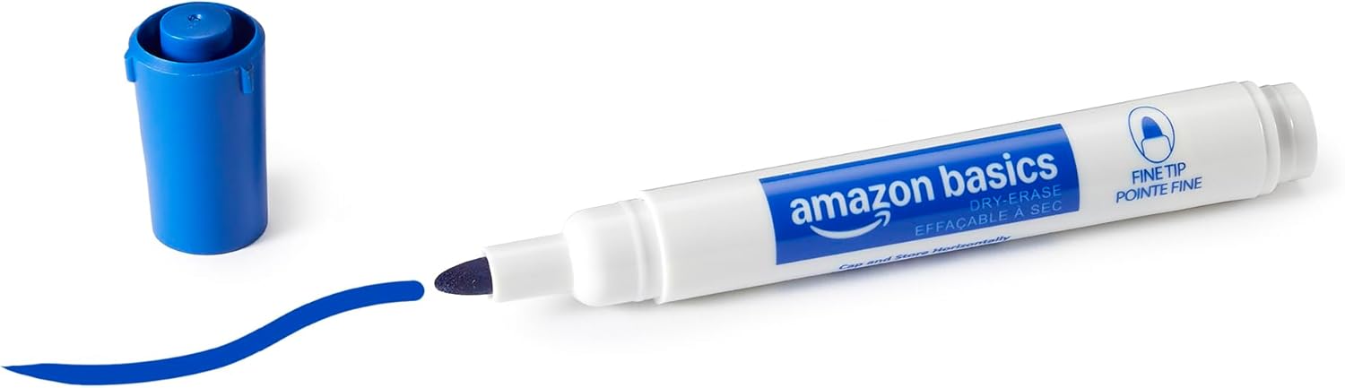 Amazon Basics Low-Odor Dry Erase Whiteboard Markers, Fine Tip, Blue, 36 Count