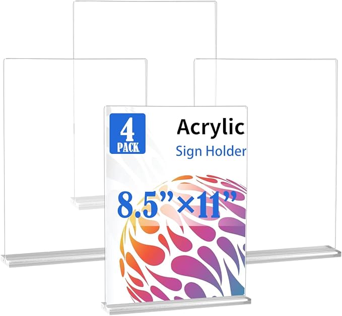4 Pack Acrylic Sign Holder 8.5 X 11, Vertical T Shape Clear Plastic Sign Holder, Double Sided Clear Display Stand Table Top Sign Paper Holder, Sign Holder Suitable for Office, Store