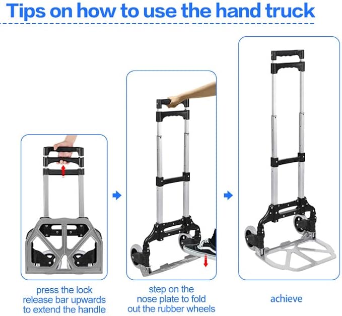 Folding Hand Truck, 165lbs Capacity Lightweight Portable Folding Dolly Multi-fuctional Foldable Hand Cart Heavy Duty Utility Cart for Home Shopping Office and Travel Use (Black 2 TPR Wheels)