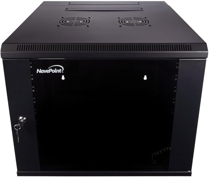 NavePoint 9U Server Cabinet with Hinged Back - 23.6” Deep, 9U Server Rack Enclosure with Locking Glass Door, Wall Mount Rack with Removable Side Panels, 9U Network Cabinet with 2 Fans, Pre-Assembled