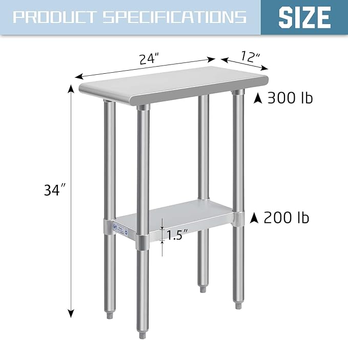 Hally Stainless Steel Table for Prep & Work 24 x 12 Inches, NSF Commercial Heavy Duty Table with Undershelf and Galvanized Legs for Restaurant, Home and Hotel