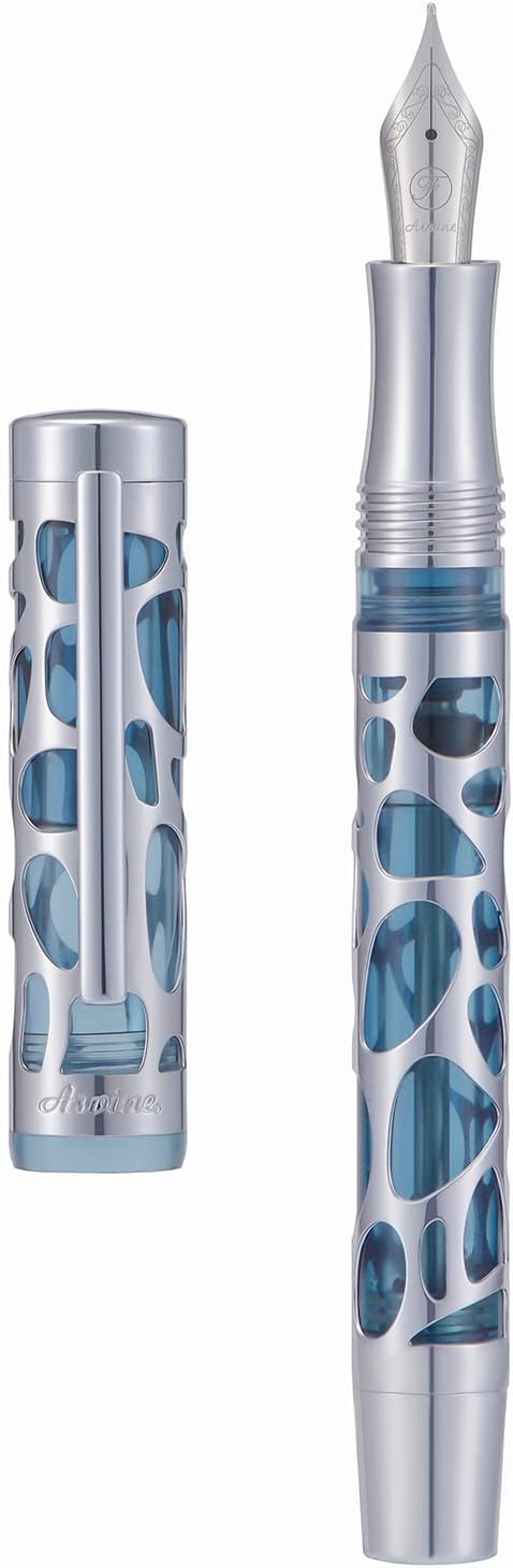 Asvine V169 Vacuum Filling Fountain Pen Medium Nib, Water Drop Skeleton Transparent Gray Blue Acrylic Pen Case Set