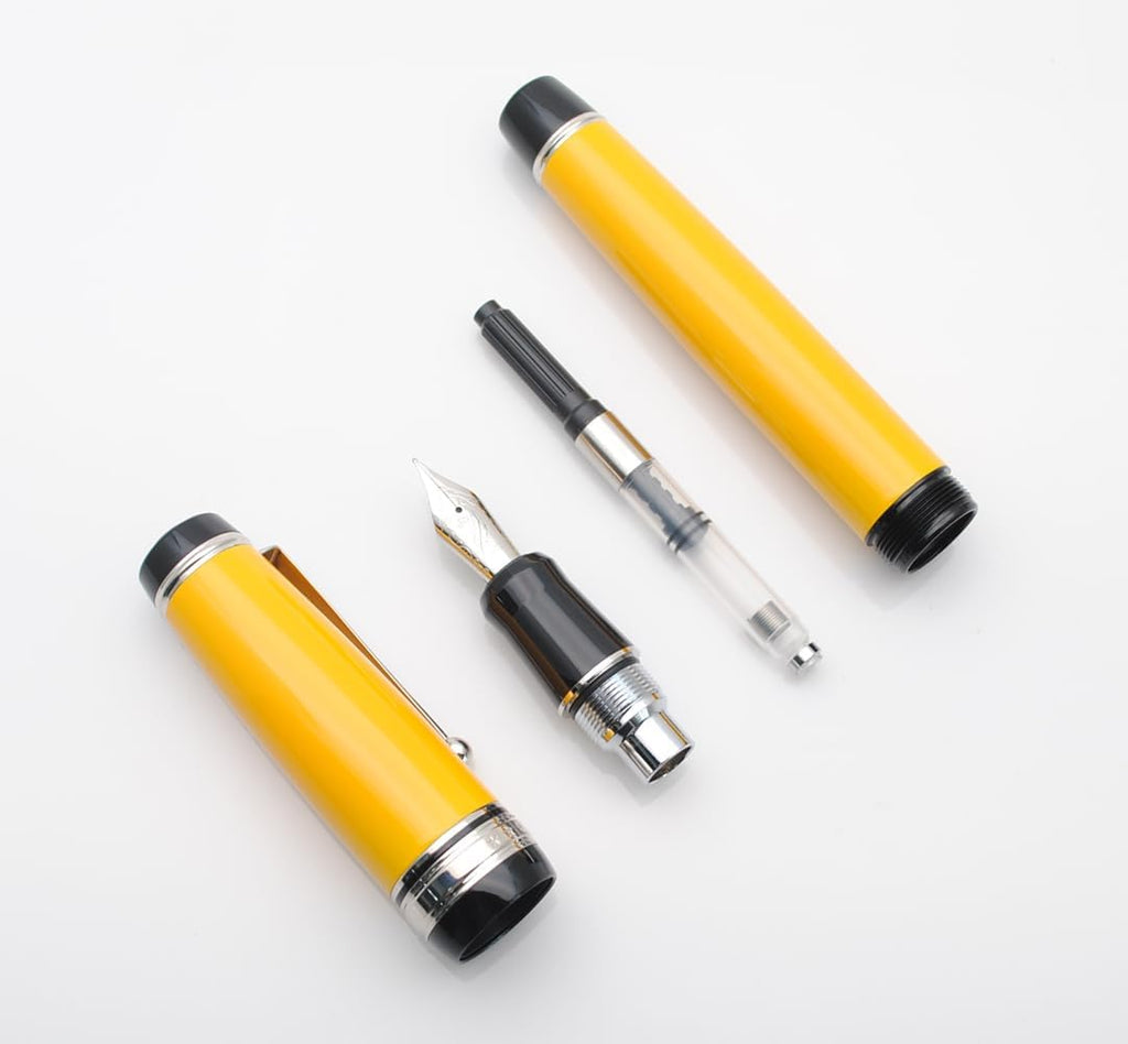 Metal Big Fountain Pen Set Medium Nib 0.7mm, Includes Ink Refill Converter, 5 Ink Cartridges & Gift Box (Medium Nib 0.7mm, Yellow with Silvery Clip)