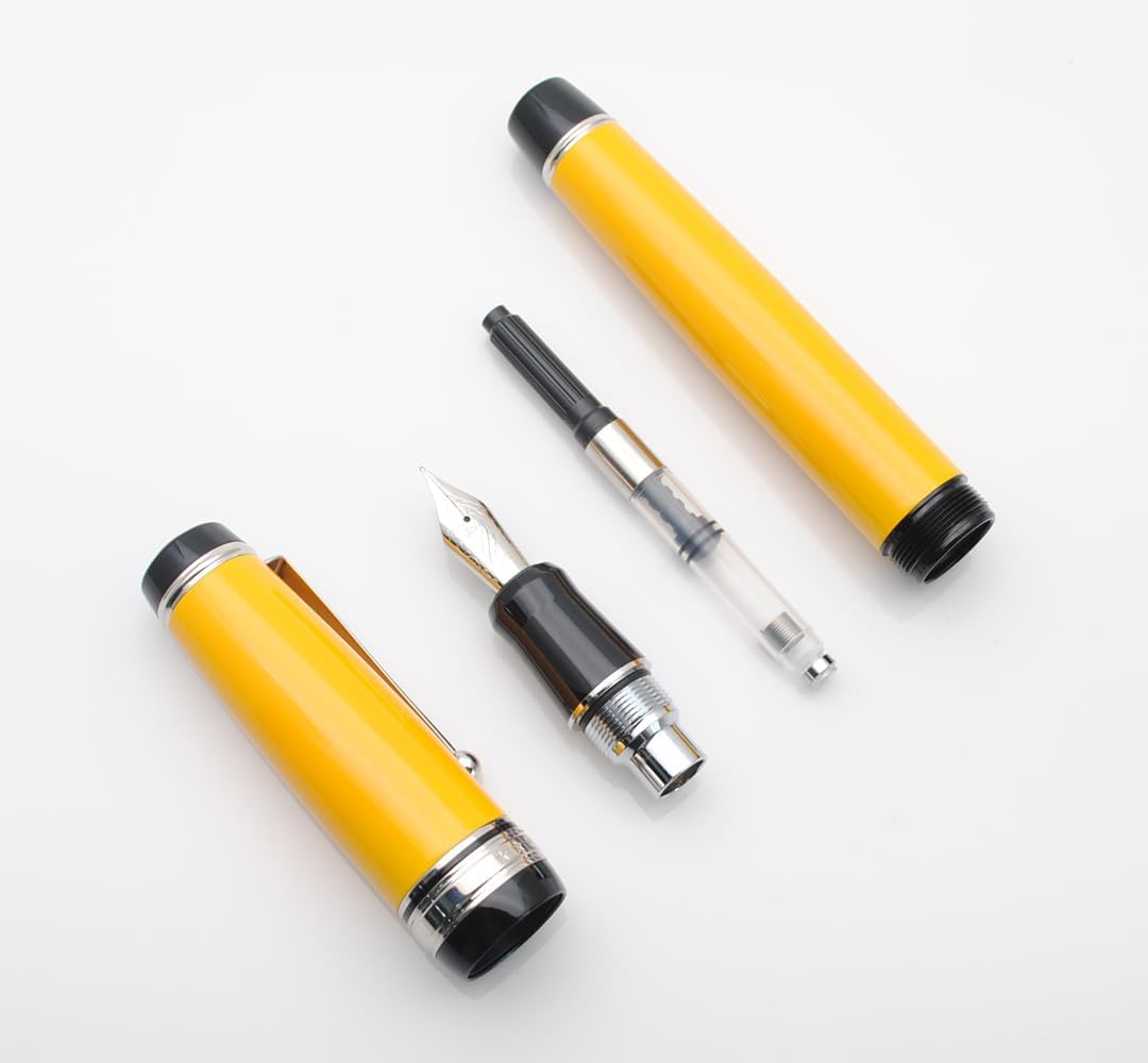 Metal Big Fountain Pen Set Medium Nib 0.7mm, Includes Ink Refill Converter, 5 Ink Cartridges & Gift Box (Medium Nib 0.7mm, Yellow with Silvery Clip)