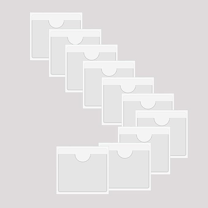 Adhesive Clear Pockets,Self Adhesive Clear Label Pockets Adhesive Card Folder Plastic Pockets Holders Sleeves for Index Cards Planners Cabinet Shelf Photo Cd,10Pieces(105x100mm)