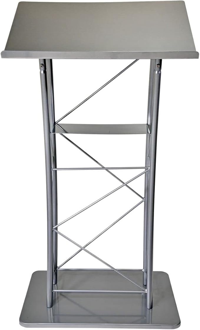 Kingdom KML2S Large Curved Lectern with Shelf, Stand Up Church Pulpit, Slanted Lectern, Conference Podium for Speakers, Speeches, and Other Occasions- Truss Lectern, Silver Powder Coat Finish, Metal