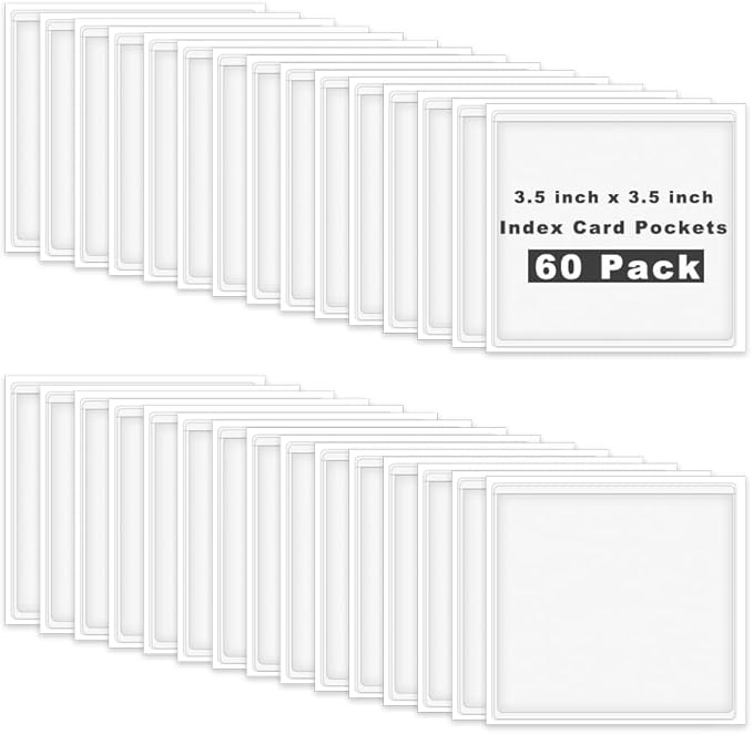 60 Pack Self Adhesive Label Holder, Clear Label Pockets Index Card Pockets Card Holder Shelf Label Holder for Organizing and Protecting (3.5 x 3.5 inches)