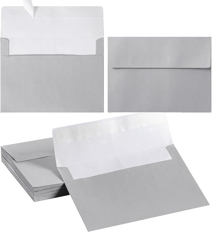 50 Pieces Metallic Color Self Seal Envelopes for Greeting Cards, Invitations, Postcards (Silver, 5x7)