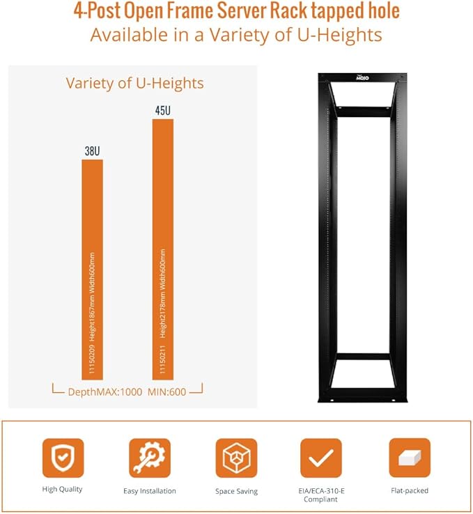 45U Open Frame Server Rack,4-Post Adjustable Depth 23.6 inch-39.3 inch Frame Rack,Professional It Rack for 19 inch Computer/AV/Data/IT Equipment,Tapped Hole