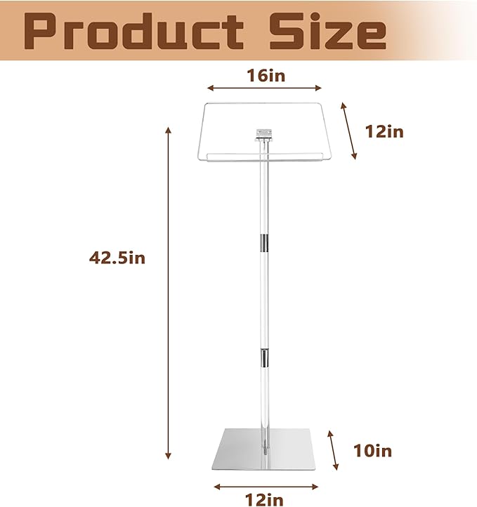 Podium Stand, Lecterns & Podiums, Acrylic Adjustable Angles with Metal Base, Podium for Church, Weddings, Classroom, Speech (Clear, 16" L x 12" W x 42.5" H)