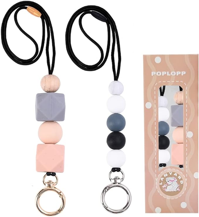 POPLOPP 2PCS Teacher Lanyards for ID Badges and Keys, Cute Silicone Beaded Lanyard for Women Nurse Employees Students