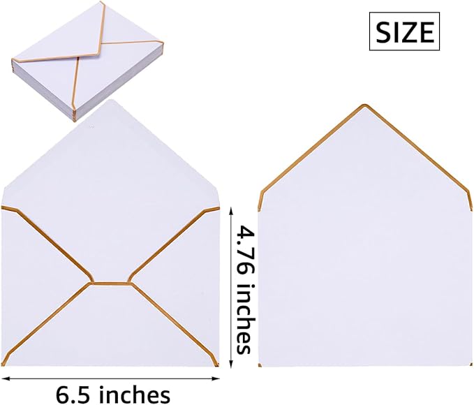 50 Pack White A6 Envelopes 4x6 Self-Adhesive V Flap Envelopes with Gold Border for Office, Greeting Card, Wedding, Graduation, Baby Shower, Parties, Invitations (White, 4x6)