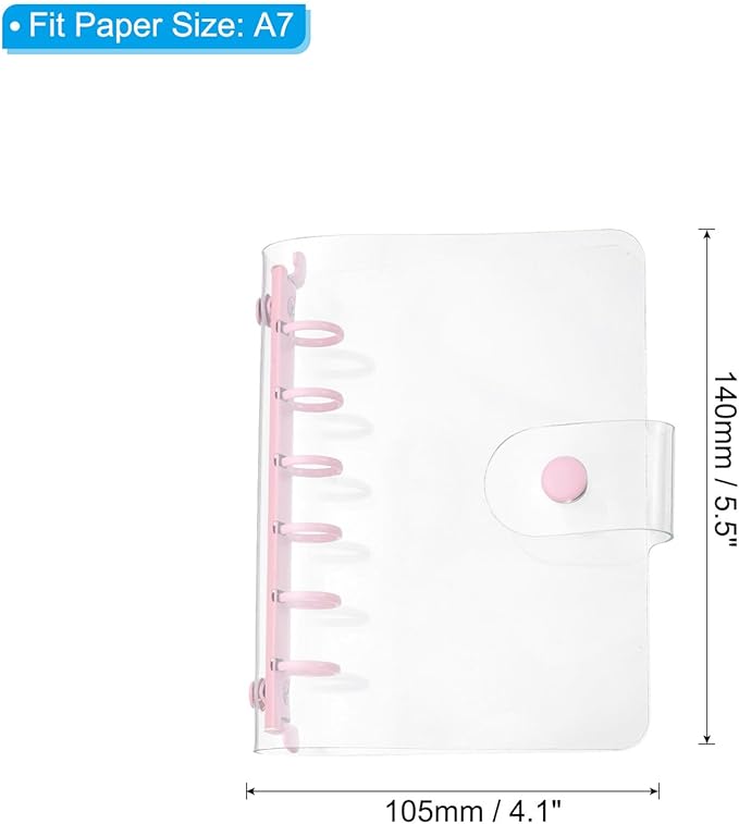 PATIKIL A7 Clear Binder Cover, Soft PVC Loose Leaf Binder Protector Refillable Notebook Shell with Snap Button Closure and 6 Rings for DIY Meeting Notebook Folder, Pink